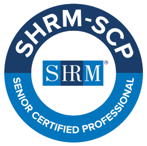 Blue and white SHRM-SCP logo for Senior Certified Professional credential.
