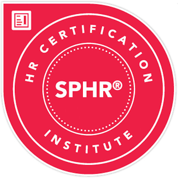 Red badge with SPHR designation from the HR Certification Institute.